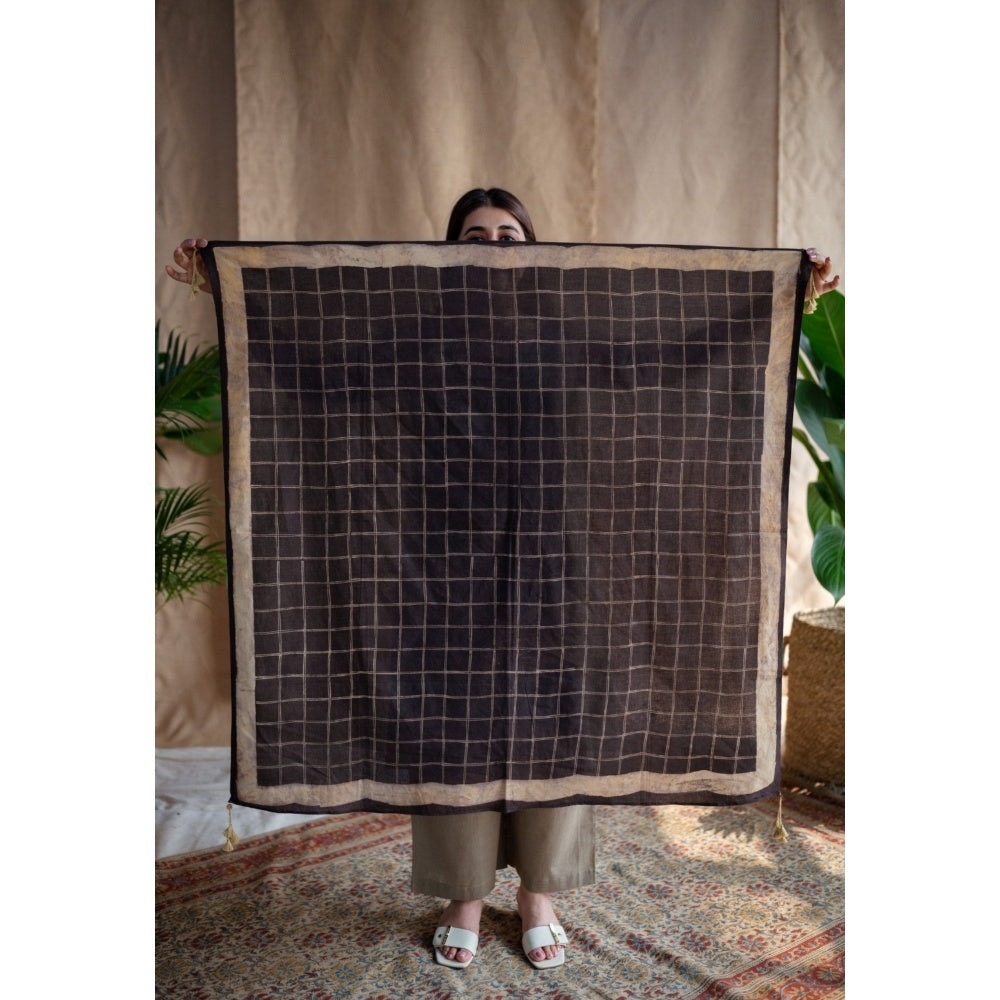 The Indian Ethnic Co. Charcoal Dabu Cotton Checks Scarf