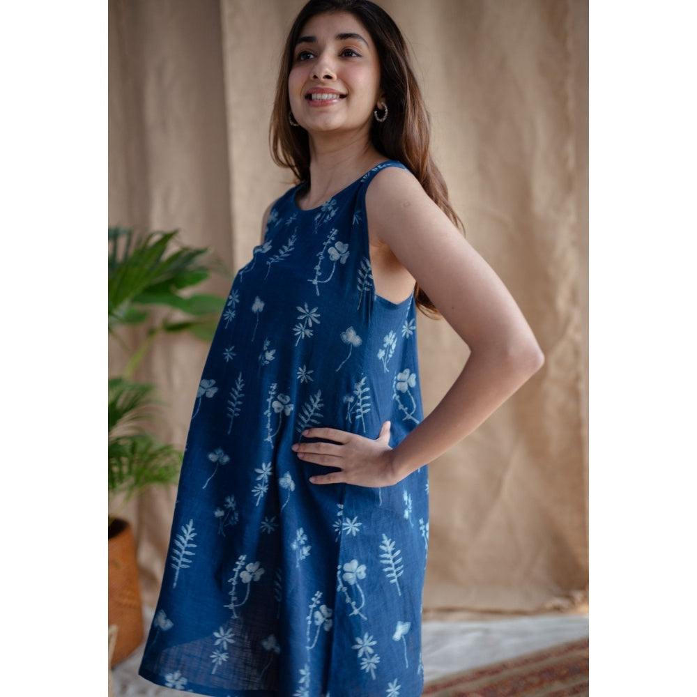 The Indian Ethnic Co. Indigo A-Line Dabu Slub Cotton Hand Block Printed Mini Dress