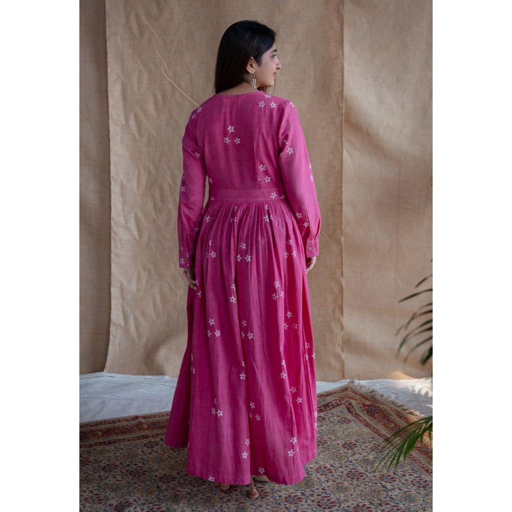 The Indian Ethnic Co. Pink A-Line Dabu Slub Cotton Hand Block Printed Maxi Dress