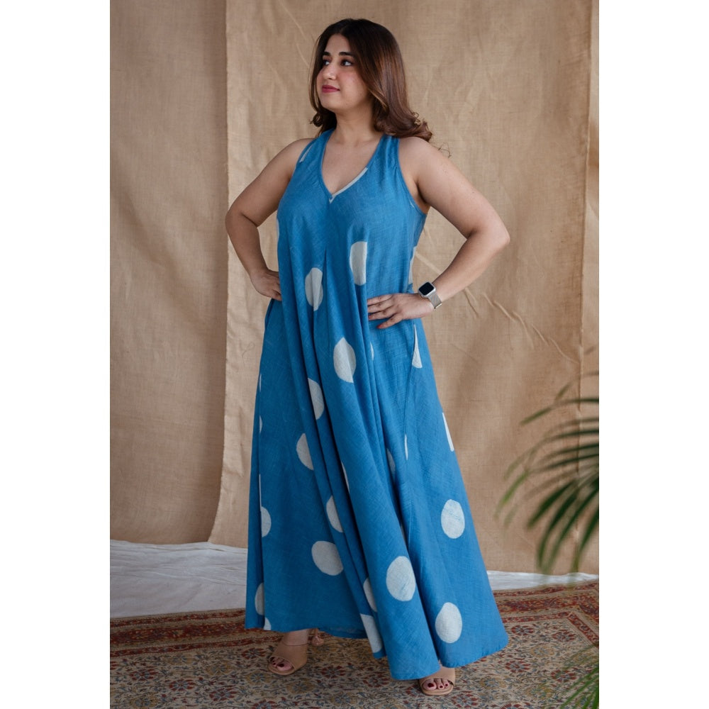 The Indian Ethnic Co. Blue A-Line Dabu Slub Cotton Hand Block Printed Maxi Dress