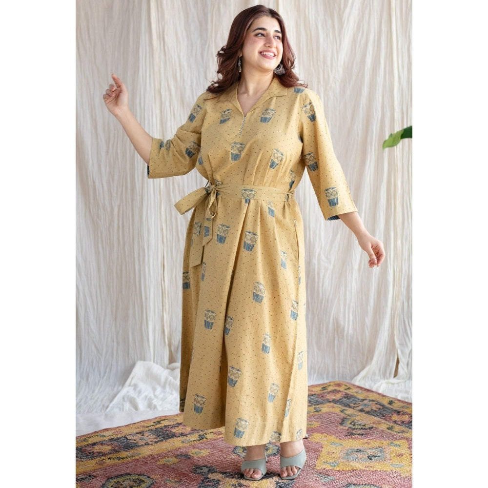 The Indian Ethnic Co. Yellow Ajrakh Cotton Printed Collar Neck Dress with Belt (Set of 2)