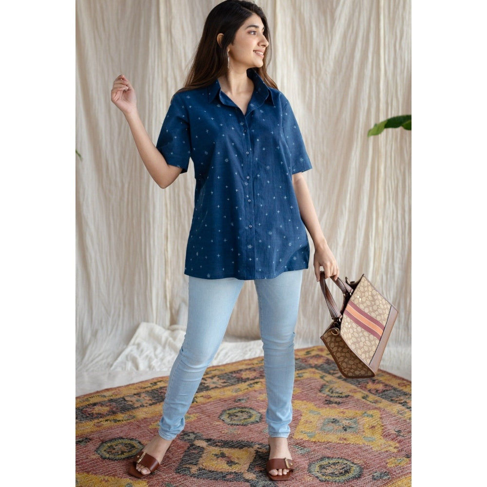 The Indian Ethnic Co. Blue Straight Ajrakh Cotton Printed Collar Neck Shirt