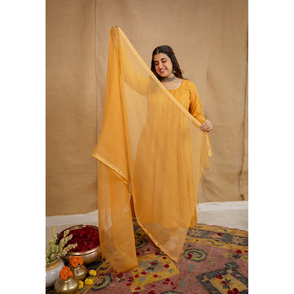 The Indian Ethnic Co. Orange Plain Cotton Anarkali Kurta with Churidar and Dupatta (Set of 3)