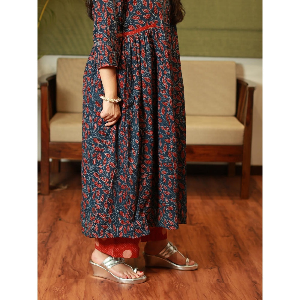 The Indian Ethnic Co. Indigo Fit and Flare Ajrakh Handblock Printed Kurta