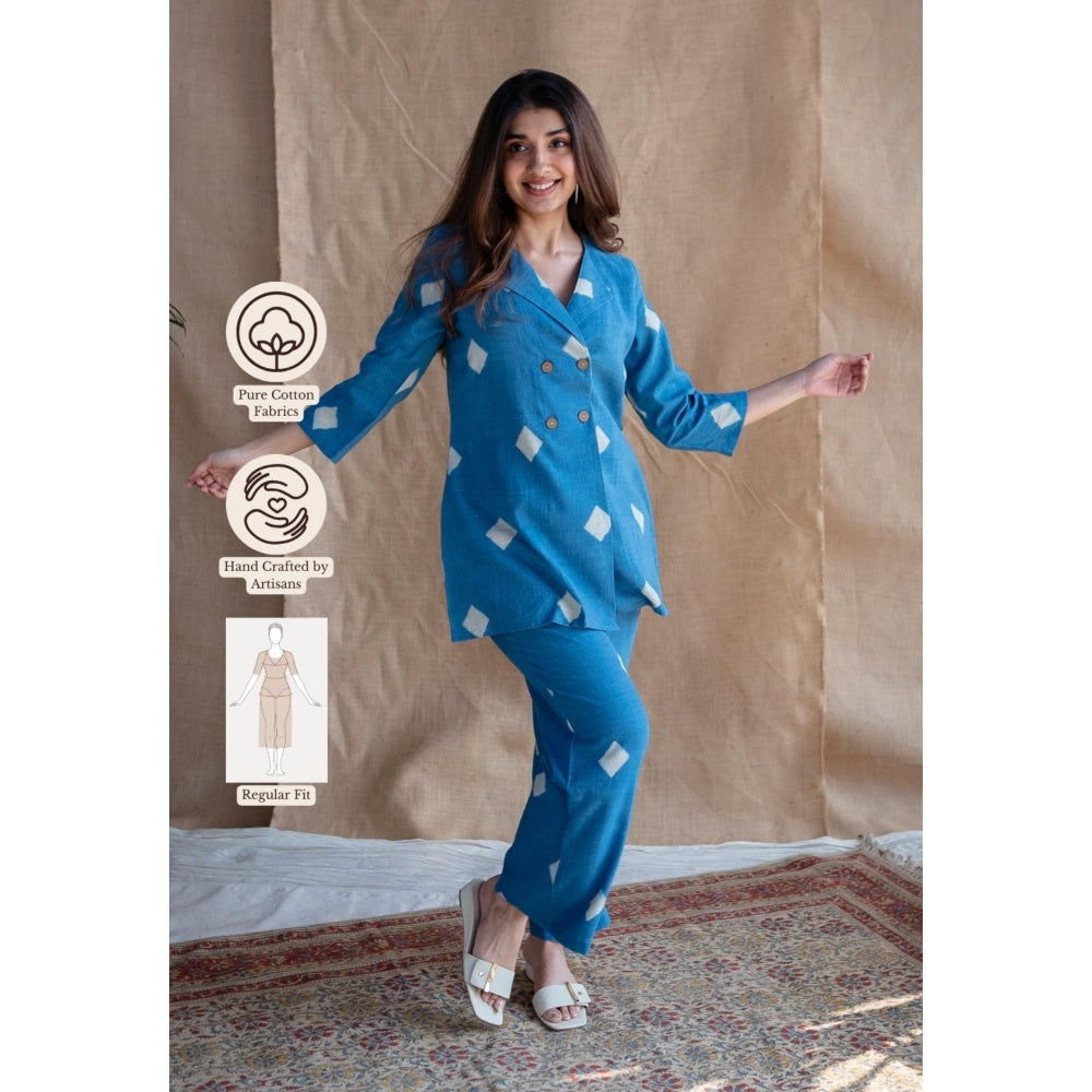 The Indian Ethnic Co. Blue Straight Dabu Slub Cotton Printed Co-Ord (Set of 2)