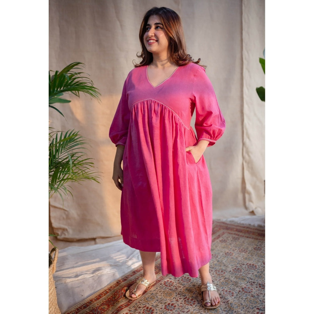 The Indian Ethnic Co. Pink A-Line Dabu Slub Cotton Dress V Neck With Embroidered