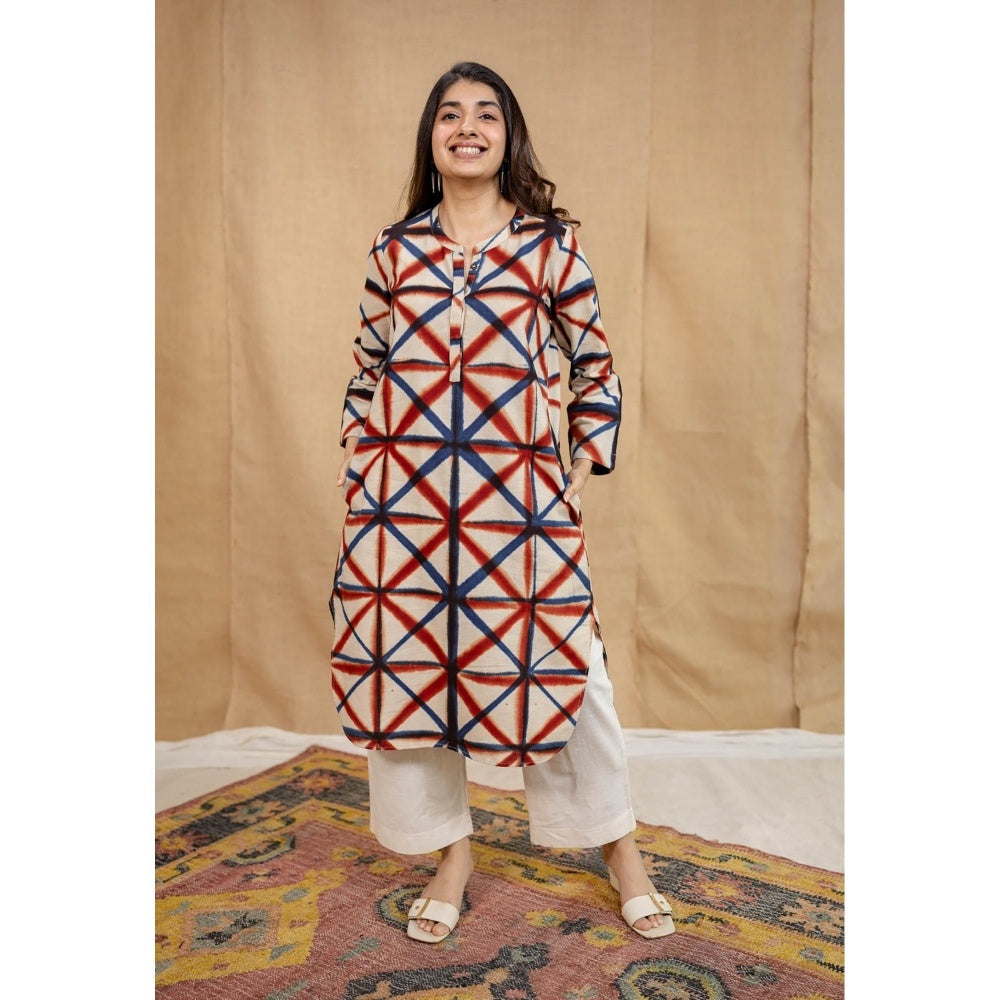 The Indian Ethnic Co. White Straight Clamp Dyed Linen Cotton Hand Block Printed Kurta