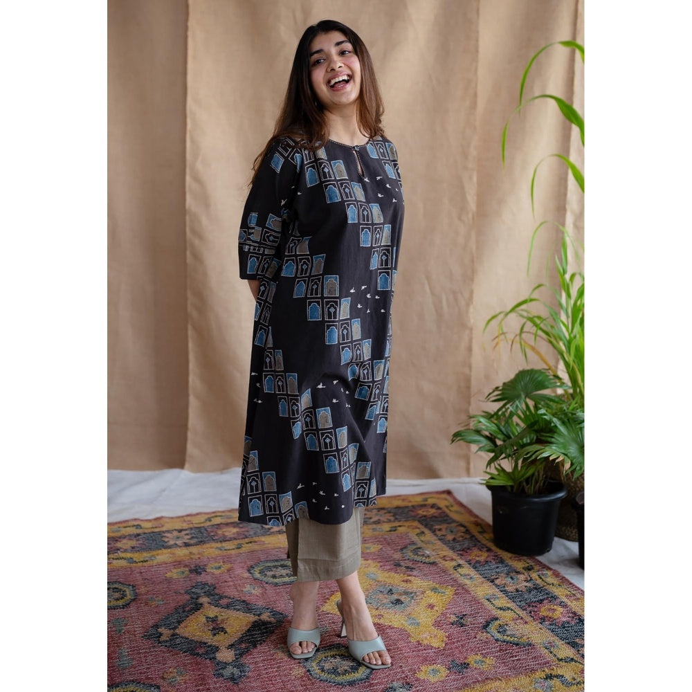 The Indian Ethnic Co. Mud Brown Straight Solid Slub Cotton Pant