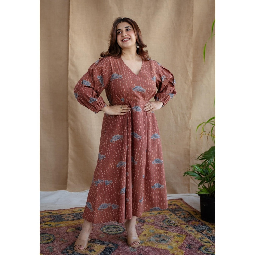The Indian Ethnic Co. Brick Brown A-Line Ajrakh Printed Dress with V Neck & Full Sleeves