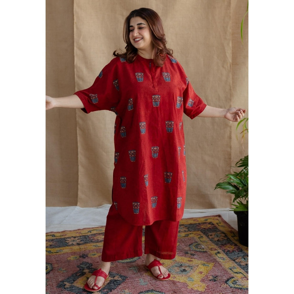 The Indian Ethnic Co. Red Straight Printed Cotton Kurta With Mandarin Neck