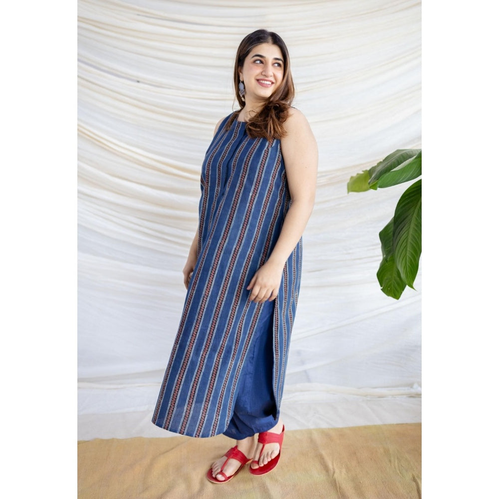 The Indian Ethnic Co. Navy Blue Straight Ajrakh Printed Cotton Kurta With Sleeveless