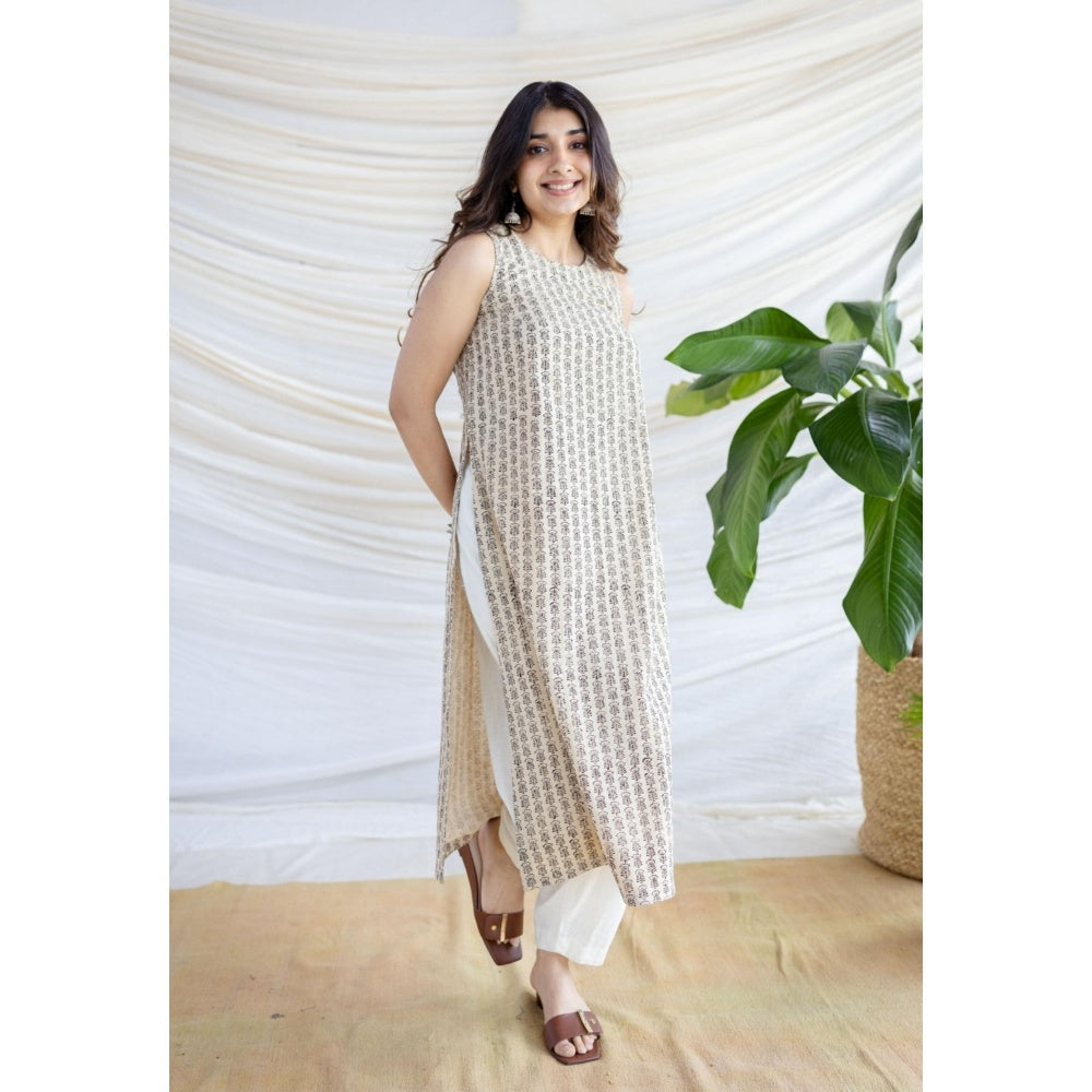 The Indian Ethnic Co. Beige Straight Bagru Printed Cotton Kurta With Round Neck And Sleeveless