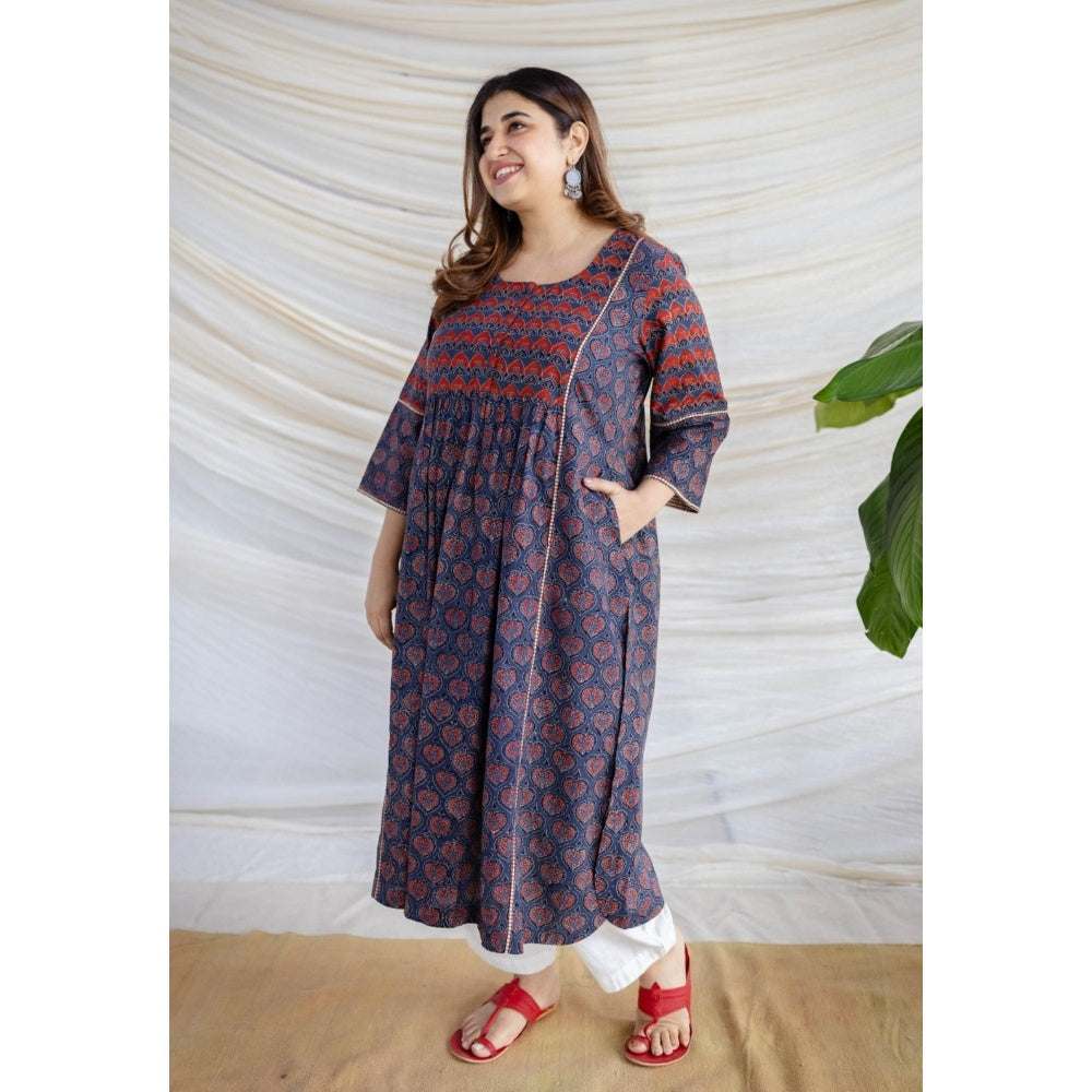 The Indian Ethnic Co. Multi-Color A-Line Ajrakh Printed Cotton Anarkali Kurta With Round Neck