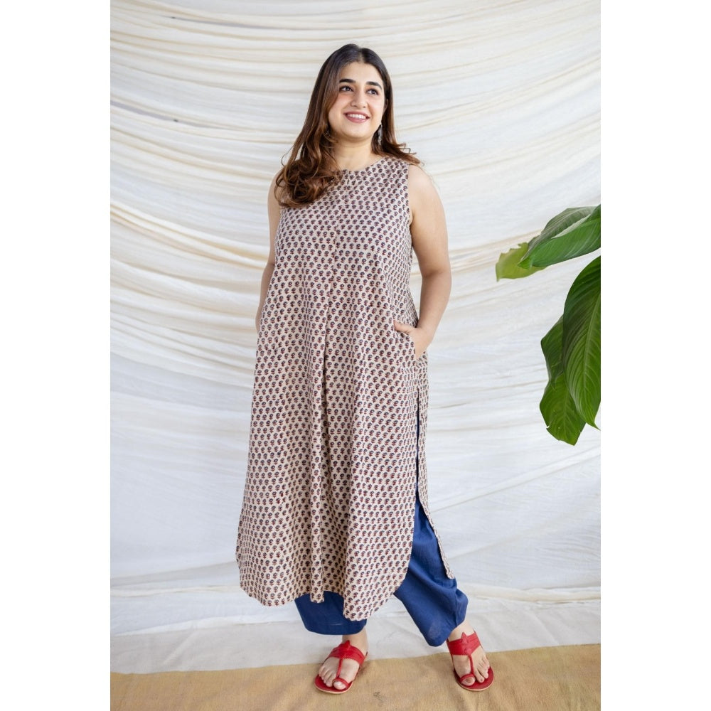 The Indian Ethnic Co. Beige Straight Ajrakh Printed Cotton Kurta With Round Neck