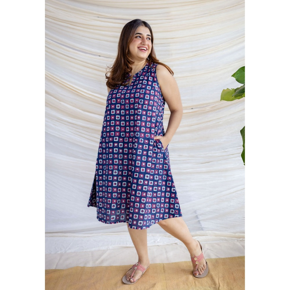 The Indian Ethnic Co. Multi-Color A-Line Dabu Printed Cotton Dress With Mandarin Neck