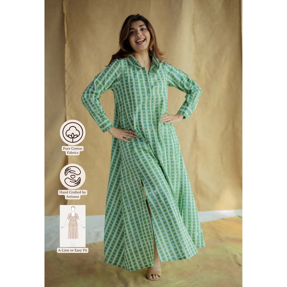 The Indian Ethnic Co. Green A-Line Batik Printed Slub Cotton Dress