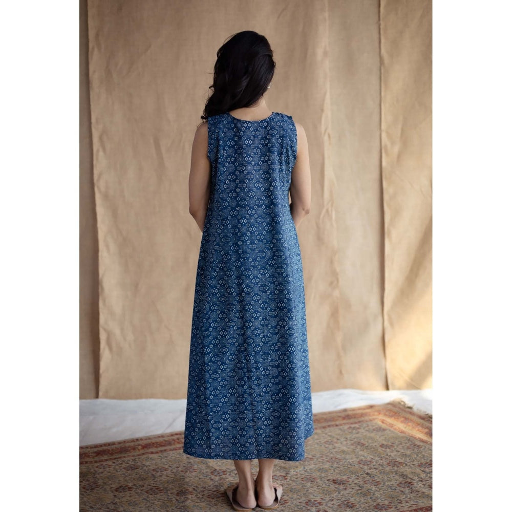 The Indian Ethnic Co. Navy Blue Ajrakh Printed Cotton A Line Dress
