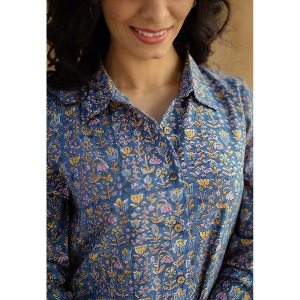 The Indian Ethnic Co. Blue A-Line Sanganeri Printed Slub Cotton Dress