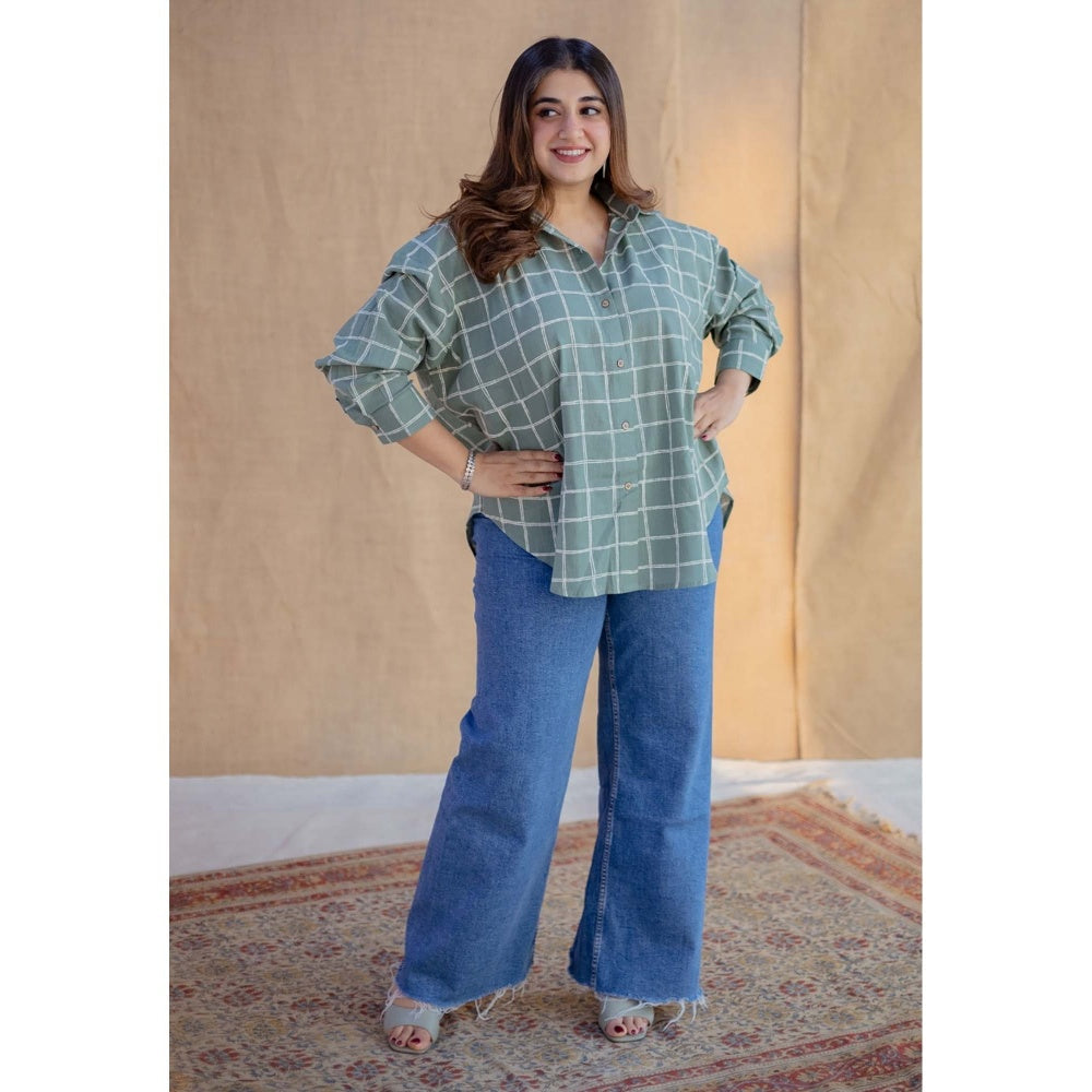 The Indian Ethnic Co. Green Dabu Hand Block Printed Slub Cotton Loose Shirt