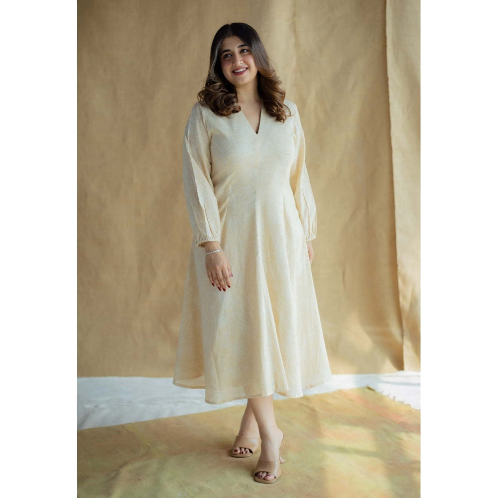 The Indian Ethnic Co. Cream A-Line Printed Slub Cotton Embroidered Dress