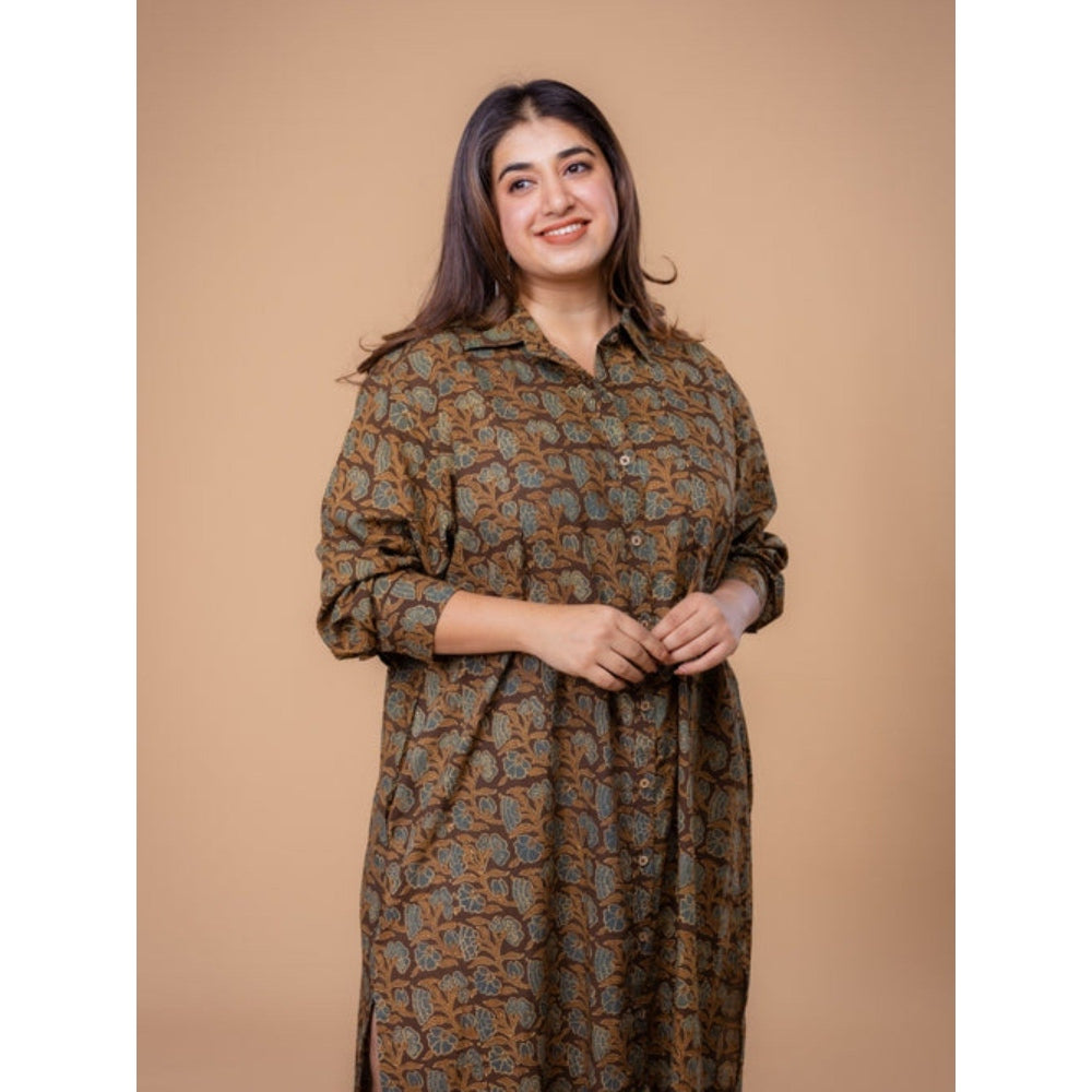 The Indian Ethnic Co. Samiyah Brown Ajrakh Cotton Shirt Dress