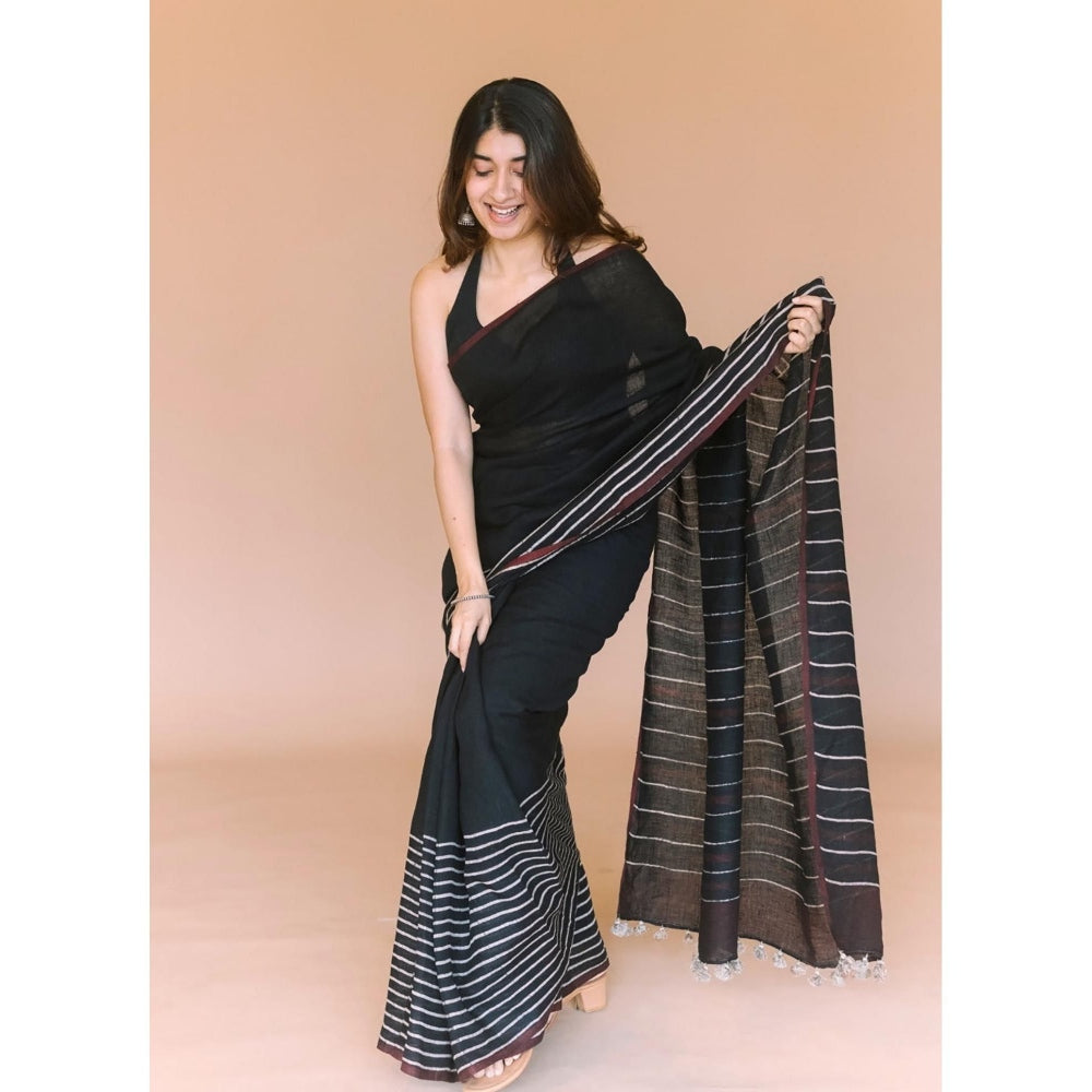 The Indian Ethnic Co. Black Ajrakh Hand Block Print Linen Saree with Unstitched Blouse