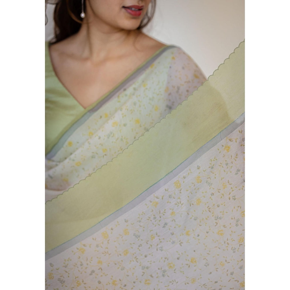 The Indian Ethnic Co. White Print Chanderi Saree with Unstitched Blouse