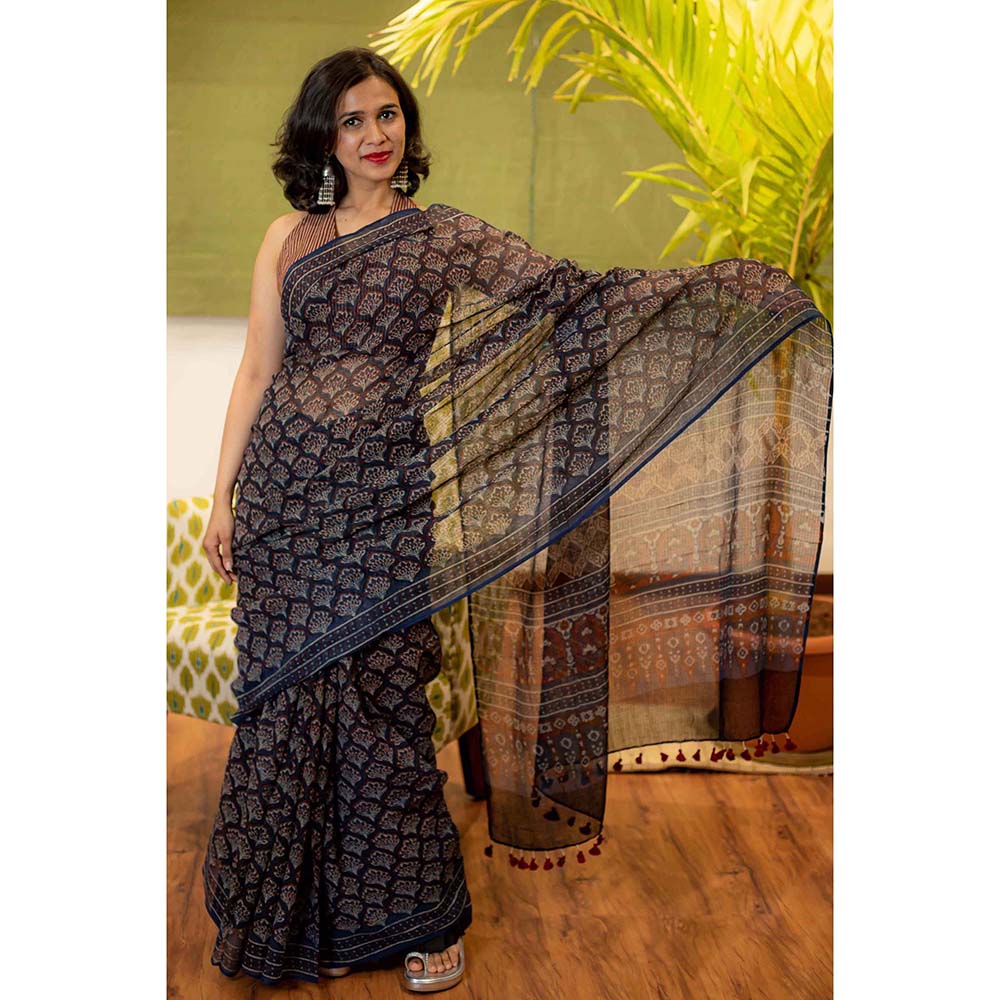 The Indian Ethnic Co. Ajrakh Natural Dyed Kota Doria Saree with Unstitched Blouse