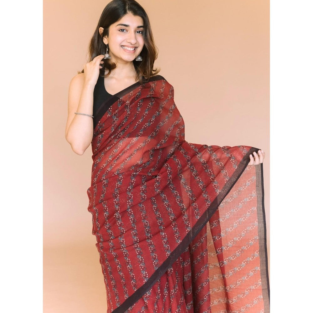The Indian Ethnic Co. Maroon Print Kota Doria Cotton Saree with Unstitched Blouse