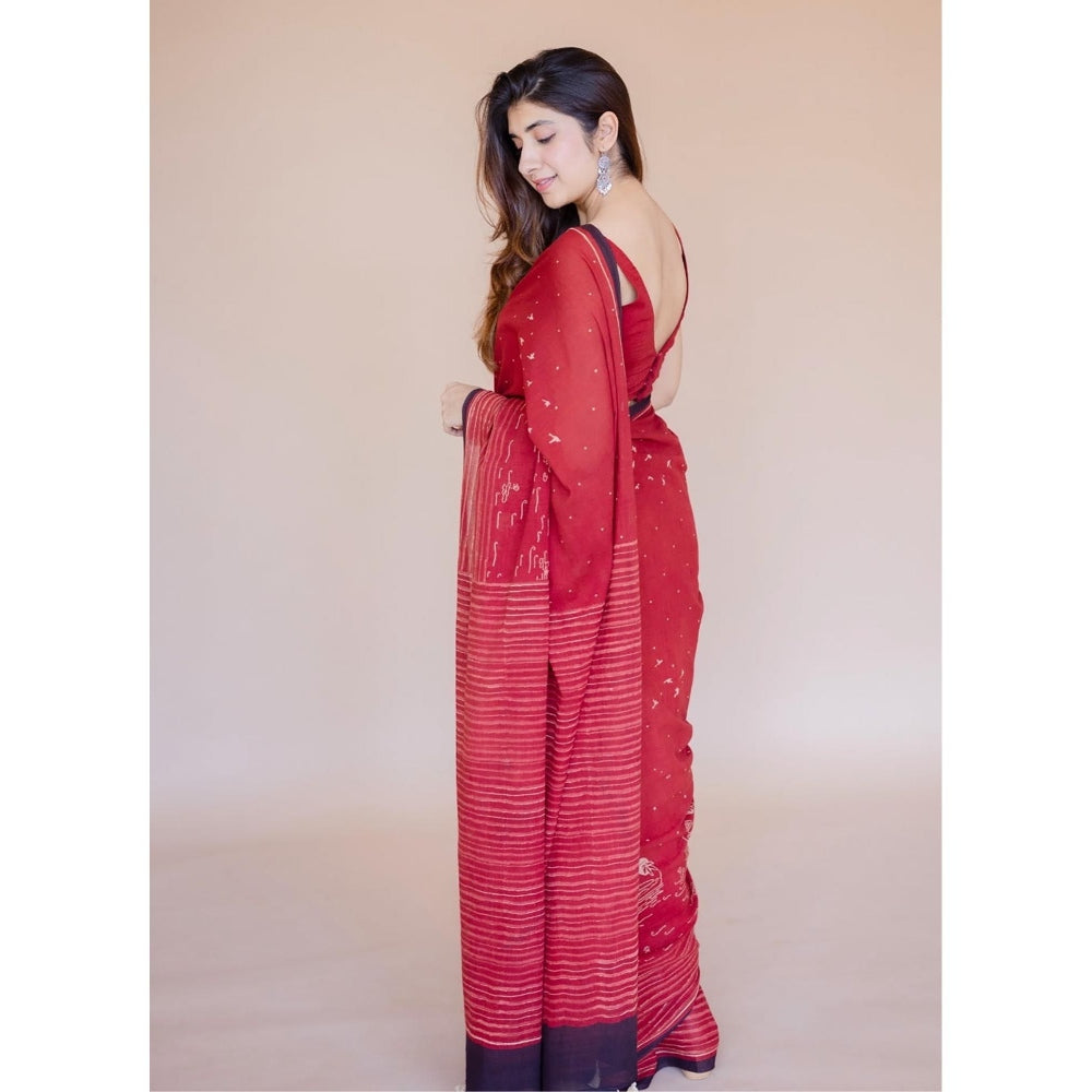 The Indian Ethnic Co. Red Ajrakh Hand Block Print Mul Saree with Unstitched Blouse