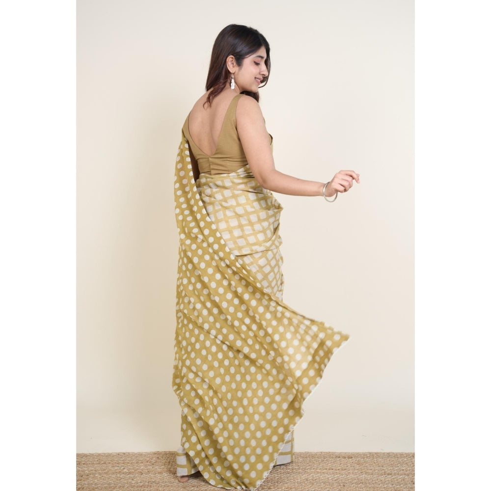 The Indian Ethnic Co. Urooj Khaki Batik Hand Block Print Mul Cotton Saree Without Blouse