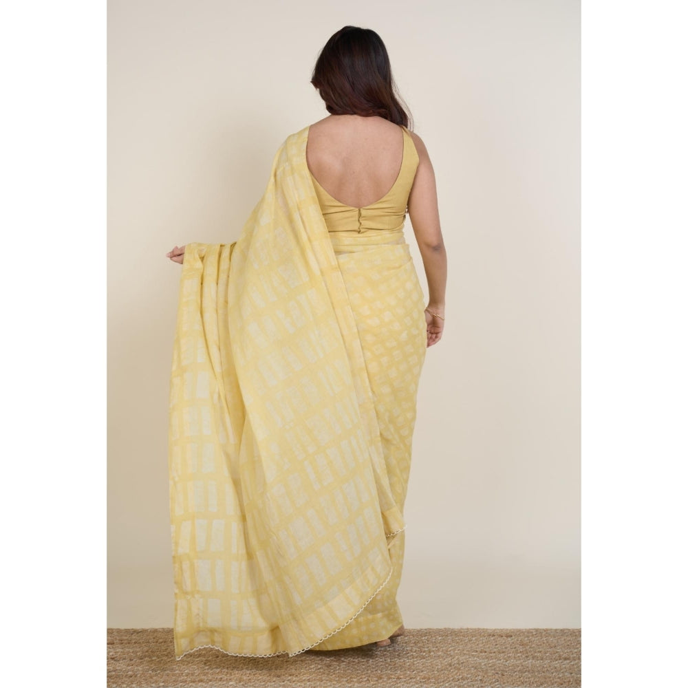 The Indian Ethnic Co. Ramisha Yellow Batik Hand Block Print Mul Cotton Saree Without Blouse