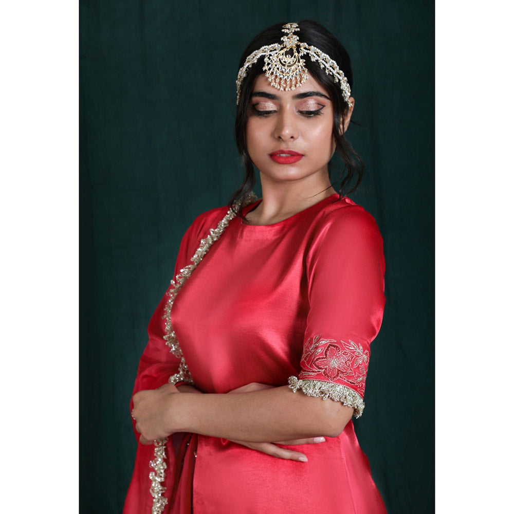THE AARYA Blush Red Mashru Silk Embroidered Gharara (Set of 3)