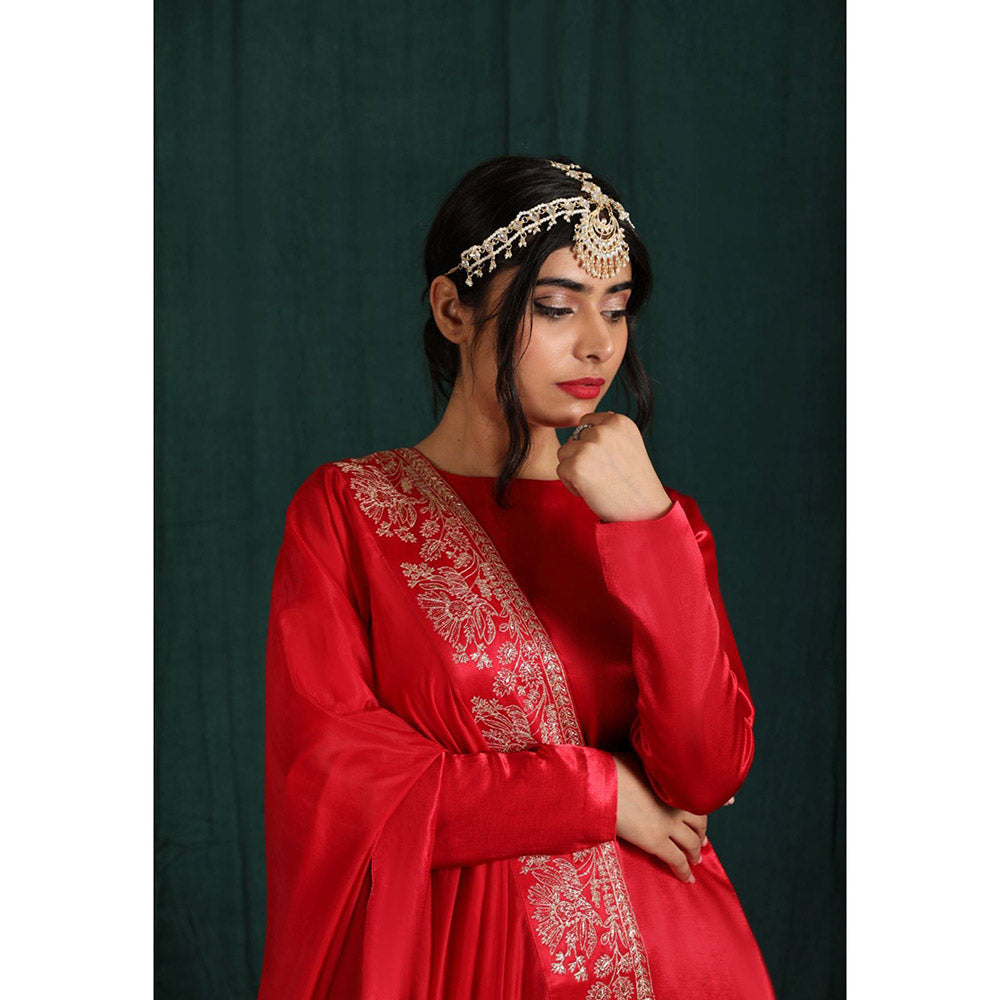 THE AARYA Red Mashru Silk Embroidered Short Kurta (Set of 3)