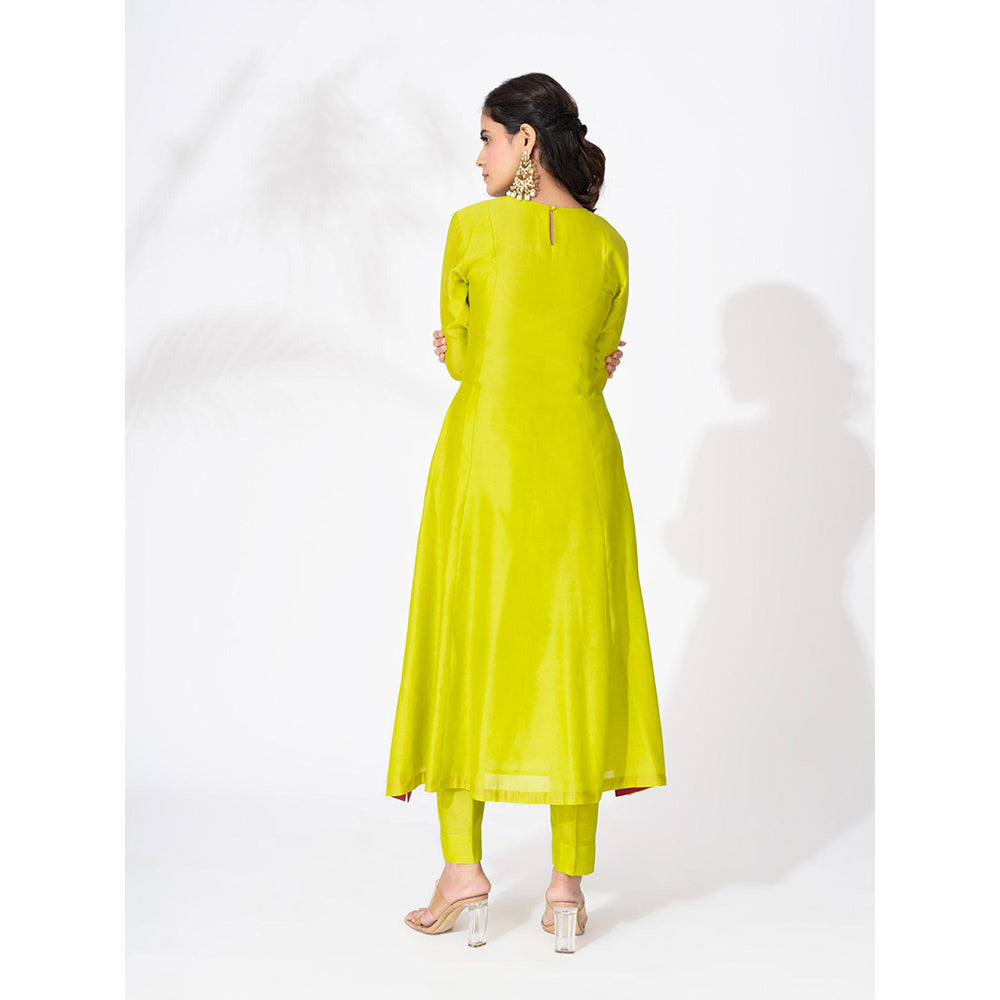 THE AARYA Lime Green Handwoven Chanderi Embroidered Kali Anarkali (Set of 3)