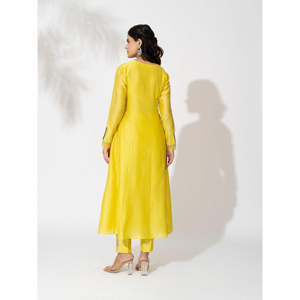 THE AARYA Yellow Handwoven Chanderi Anarkali (Set of 3)