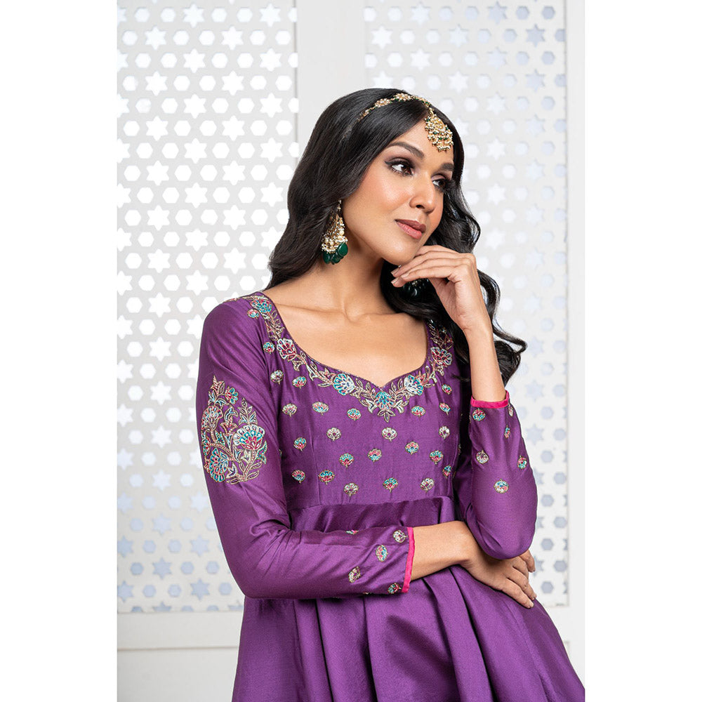 THE AARYA Purple Handwoven Chanderi Embroidered Gharara (Set of 3)
