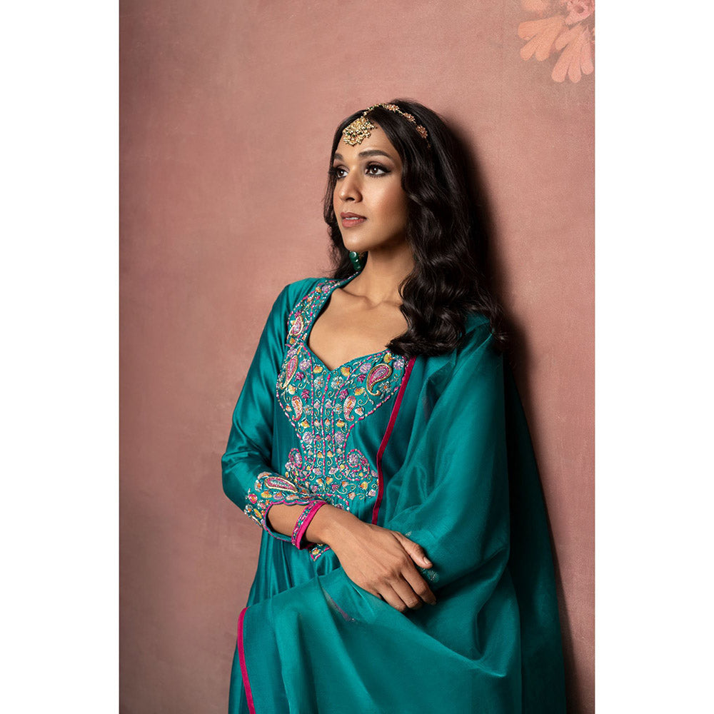 THE AARYA Green Handwoven Chanderi Embroidered Anarkali (Set of 3)