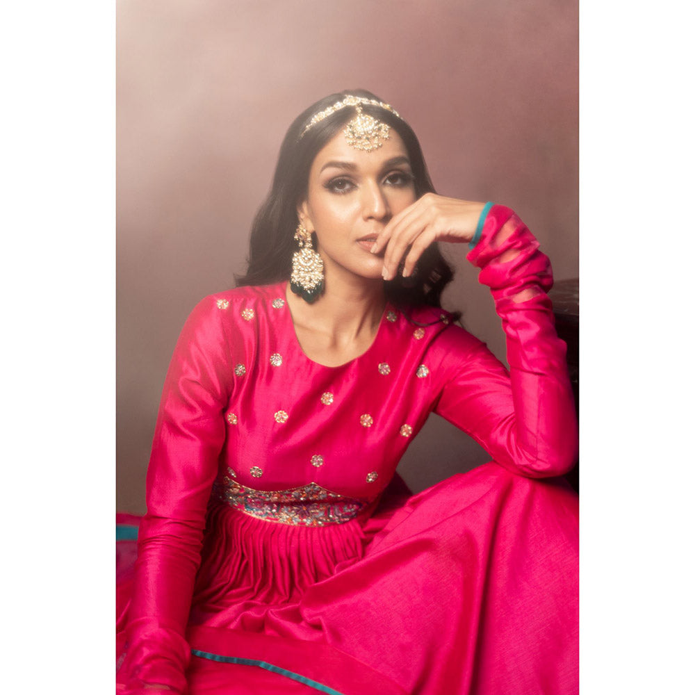 THE AARYA Pink Handwoven Chanderi Embroidered Anarkali (Set of 3)