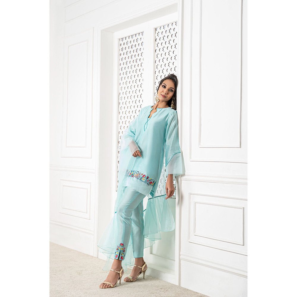 THE AARYA Aqua Blue Handwoven Chanderi Embroidered Short Kurta (Set of 3)