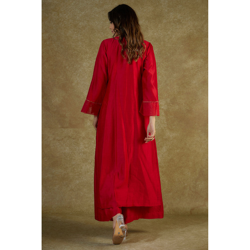 THE AARYA Red Embroidered Organza Panelled Kurta And Palazzo With Dupatta (Set of 3)