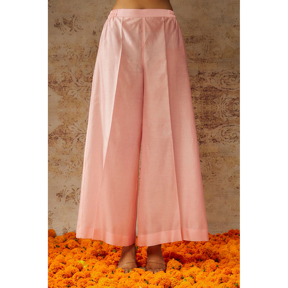 THE AARYA Peach Chanderi Embroidered Organza Panelled Kurta Palazzo with Dupatta (Set of 3)