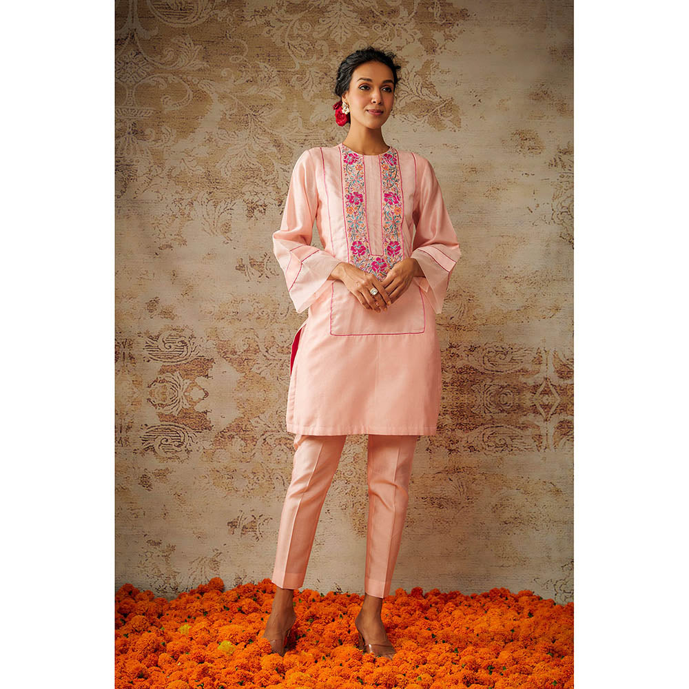 THE AARYA Peach Chanderi Embroidered Short Kurta Pant with Dupatta (Set of 3)