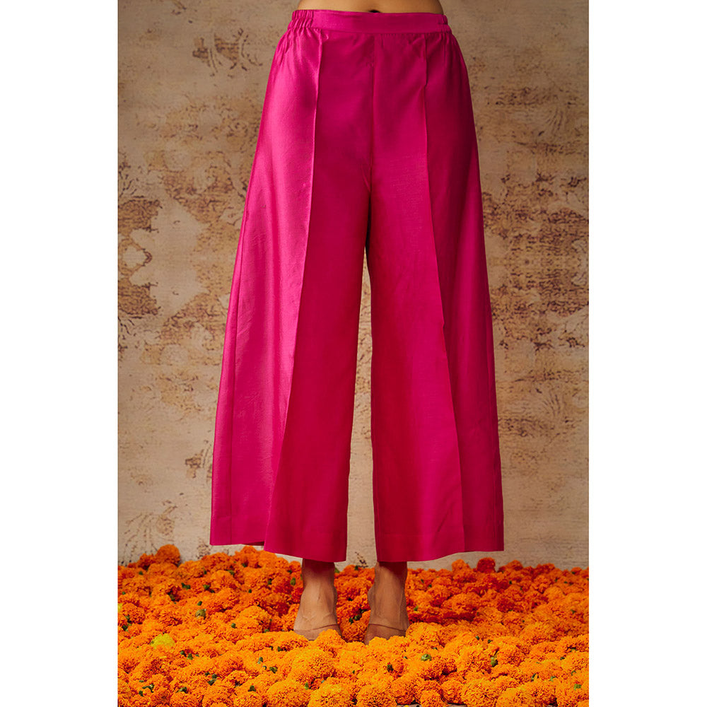 THE AARYA Pink Chanderi Embroidered Pleated Kurta Palazzo with Dupatta (Set of 3)