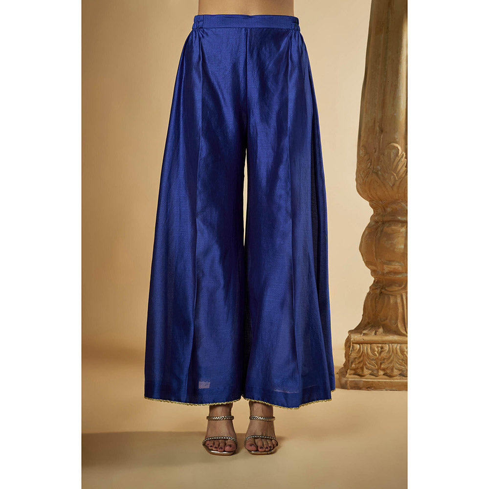 THE AARYA Blue Chanderi Zardozi Embroidered Anarkali Kurta with Palazzo & Dupatta (Set of 3)