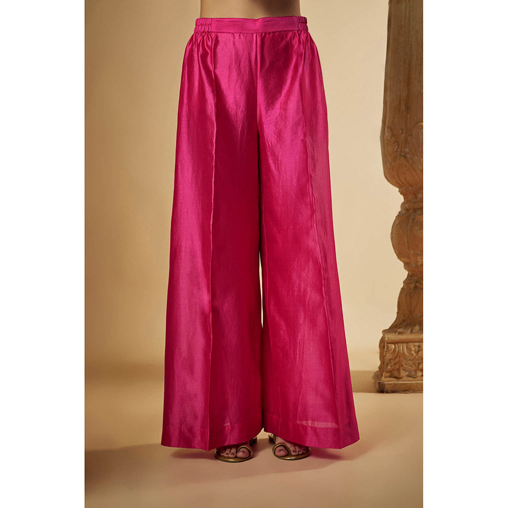 THE AARYA Pink Chanderi Lace Embroidered Anarkali Kurta with Palazzo & Dupatta (Set of 3)