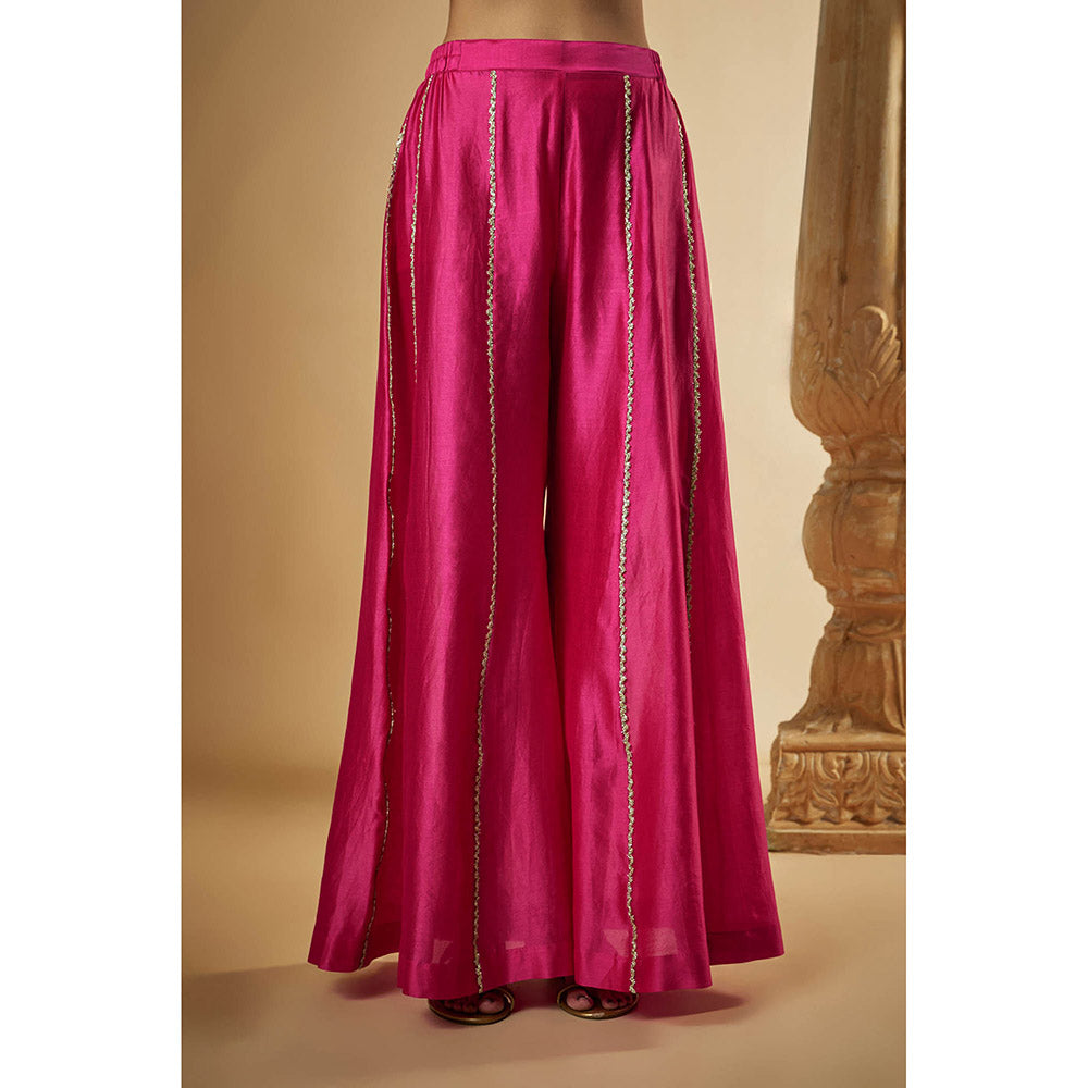 THE AARYA Pink Chanderi Zardozi Embroidered Angarkha Kurta with Palazzo & Dupatta (Set of 3)