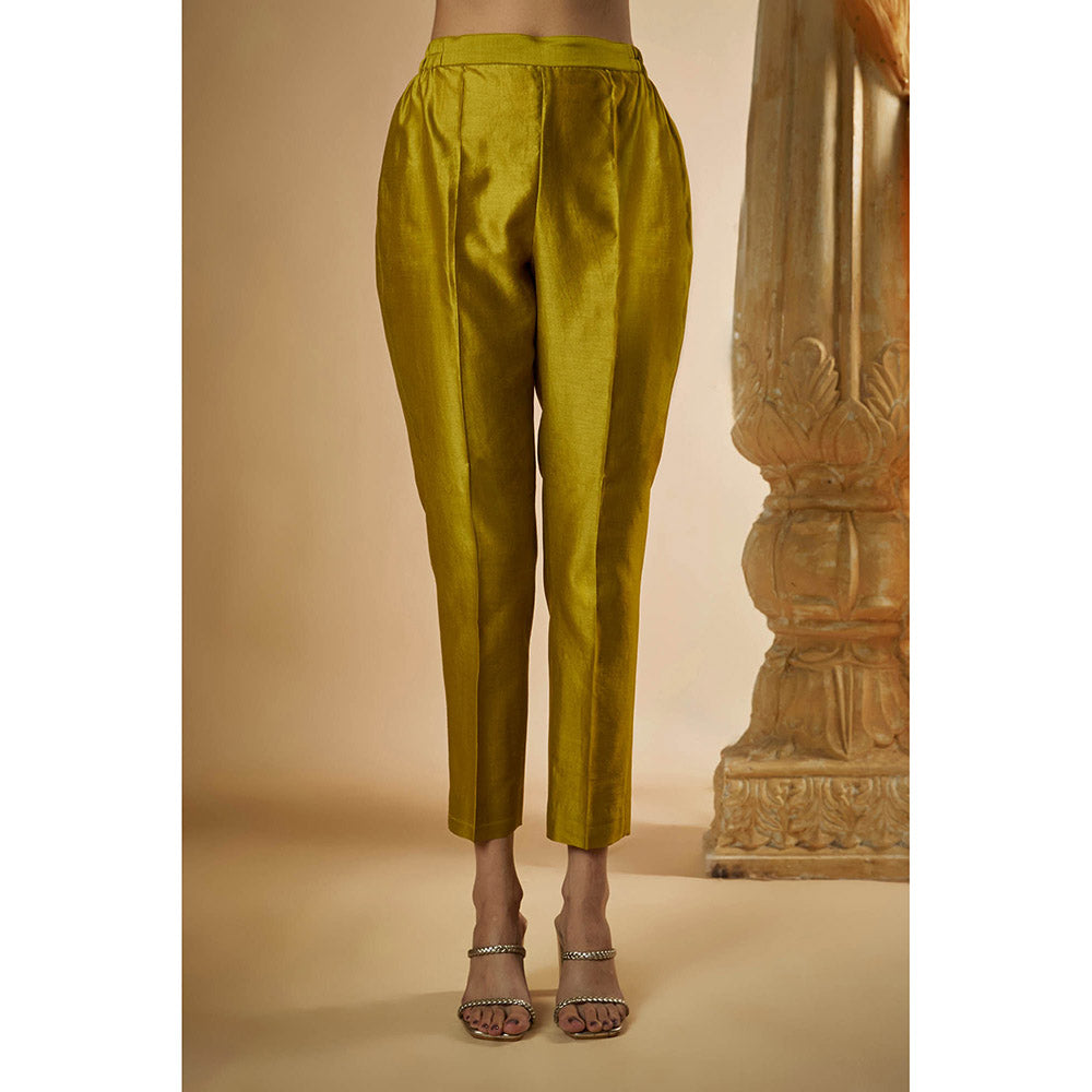 THE AARYA Olive Green Chanderi Lace Work Embroidered Kurta with Pant and Dupatta (Set of 3)