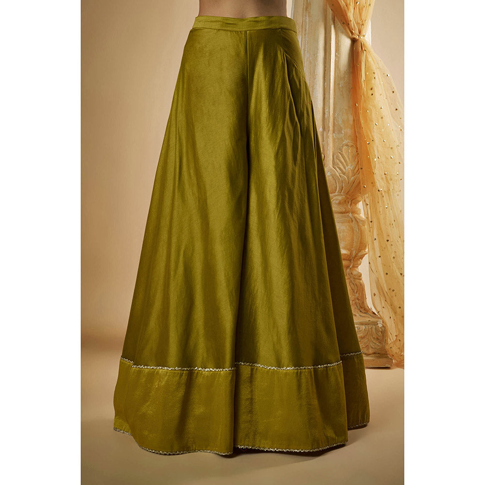 THE AARYA Olive Green Chanderi Zardozi Embroidered Kurta with Sharara & Dupatta (Set of 3)