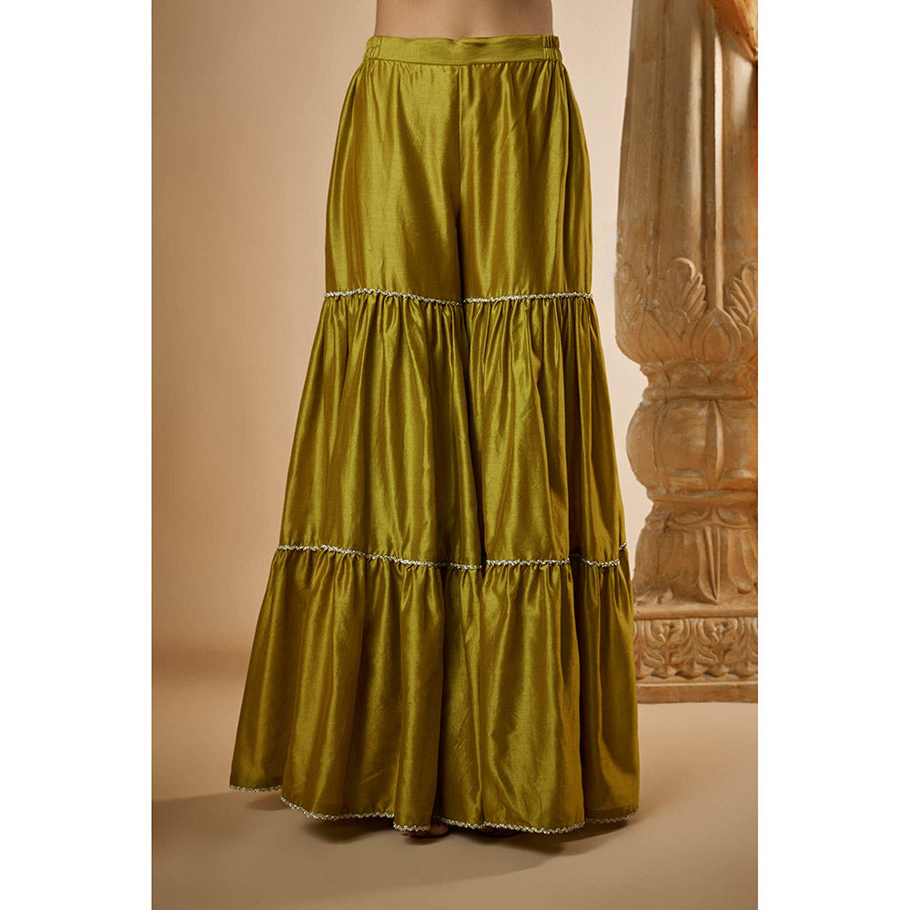 THE AARYA Olive Green Chanderi Zardozi Embroidered Kurta with Sharara & Dupatta (Set of 3)